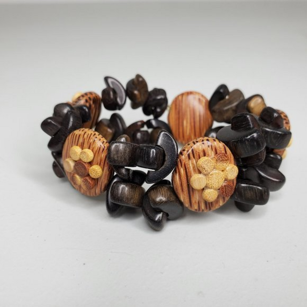 Wood Bracelet Stretch Black Brown Floral Geometric‎